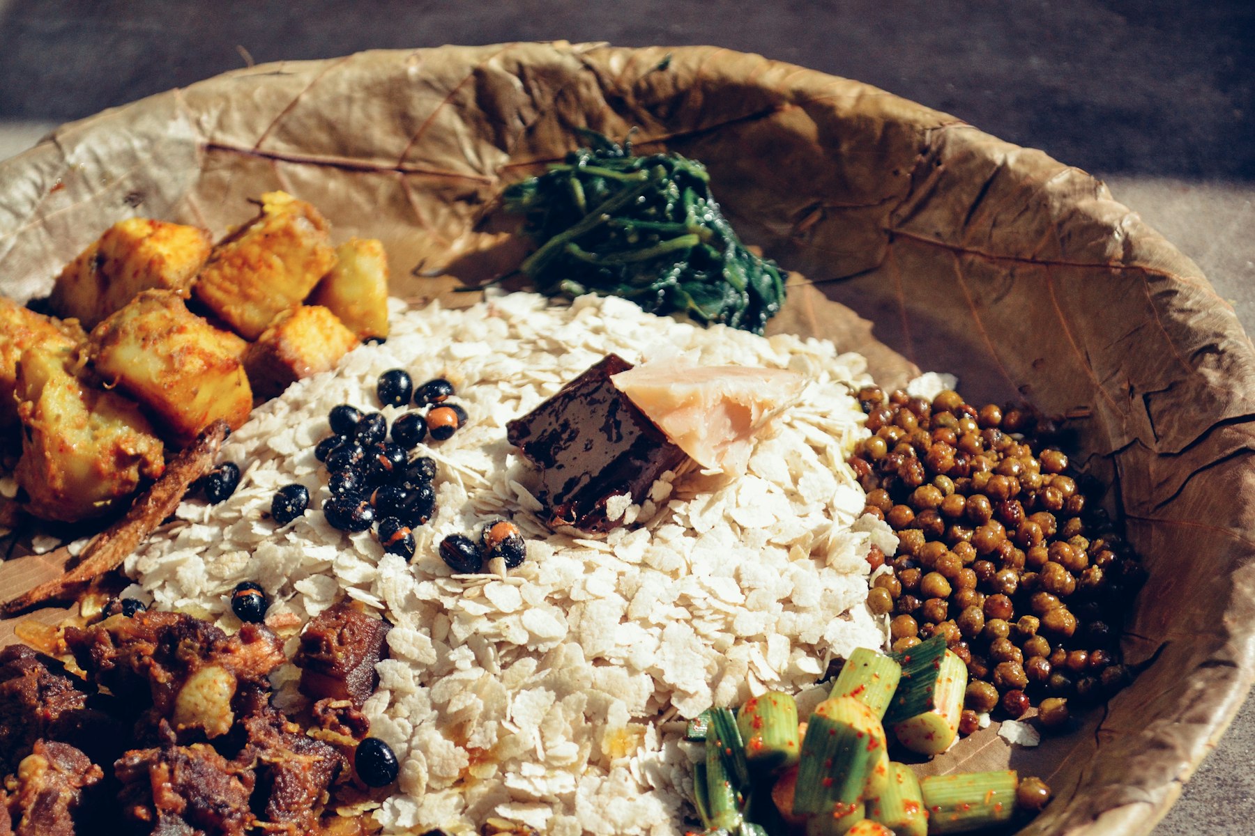 Platter of Mauritian curries and snacks