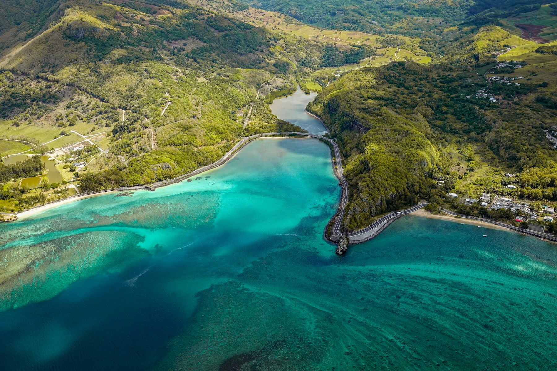 Aerial view of a Mauritius lagoon and reef