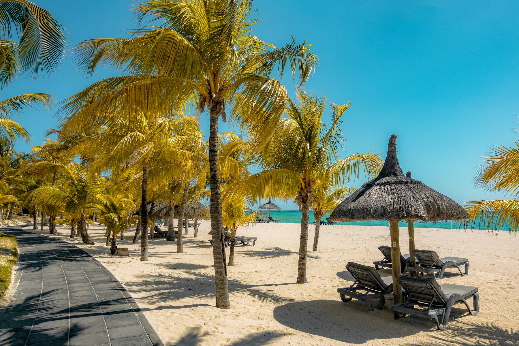 Loungers and thatched parasols on a Mauritius beach