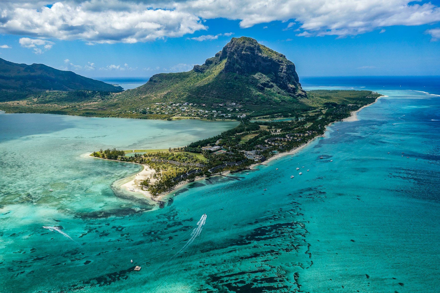 Aerial view of the Le Morne peninsula and its reef